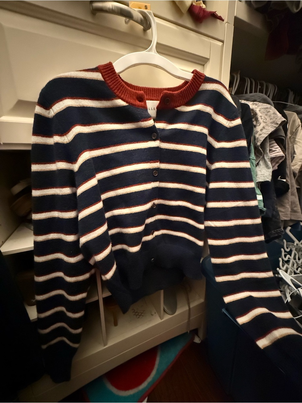 Striped Navy, Cream and Rust Button-Front Women's Cardigan Sweater